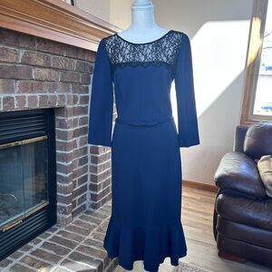 Erin Fetherston Navy Black Lace Long Sleeve Bow Ruffle Mermaid Dress Size 8
